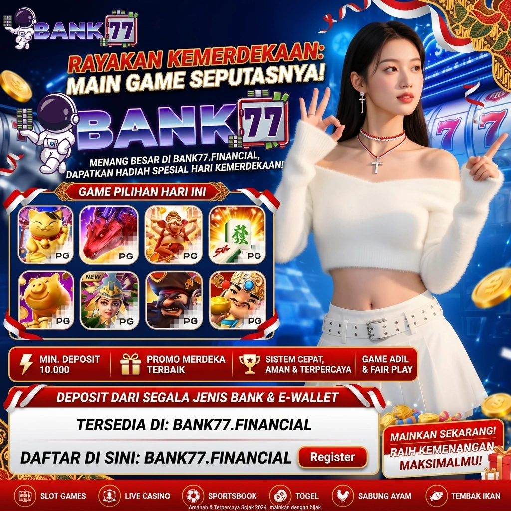 Materi promosi Bank77 dengan logo astronaut dan tema kemerdekaan Indonesia